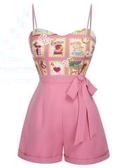 Pink 1950s Cartoon Pattern Spaghetti Strap Romper