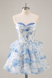 White Blue Flower Corset Tiered Short Homecoming Dress