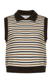 Striped Cotton-Blend Mesh Collared Tank Top