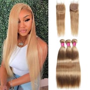 Honey Blonde Bundles with 4x4 Lace Closure #27 Color Straight Human Hair Weave