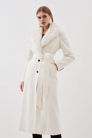 Italian Manteco Wool Blend Faux Fur Collar Belted Coat | Karen Millen
