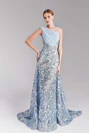 Crepe and embroidered sleeveless gown