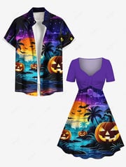 Halloween Pumpkin Lantern Coconut Tree River Bat Moon Ombre Galaxy Print Plus Size Matching Outfit For Couples