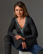 Embellished Trim V-Neck Long Sleeve Proper Black Multi
