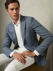 Single Breasted Check Blazer With Wool in Blue