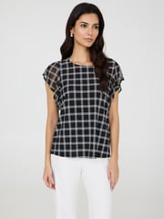 Plaid Print Mesh Flutter Sleeve Top