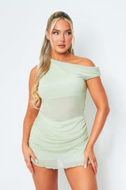 Sarah Sage One Shoulder Double Layer Mesh Mini Dress