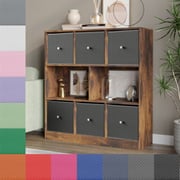 (Rustic Brown Bookcase, Navy Blue Drawer) Asymmetrical 8 Cube Bookcase Shelf Storage Unit with 6 Fabric Drawer Inserts