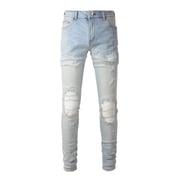 Pale Blue White Ribbed Patchwork Jeans
