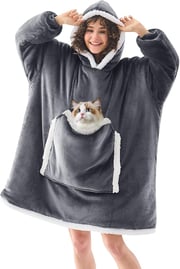 JOYWOO Wearable Blanket Hoodie,Oversized Cat Lovers Sweatshirt Blanket for Adult & Teens,Birthday Gifts for Women Men Mom Girl Boys,Cozy Fuzzy Sherpa Sweatshirt Blanket Giant Pocket Gifts,Grey Small