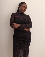 Black Fitted Mesh Midi Dress with Side Shirring - Addition Elle