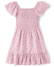 Girls Floral Smocked Ruffle Dress - Purple