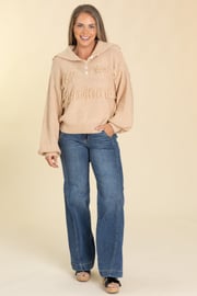 Tan V-Neck Frayed Edge Solid Sweater