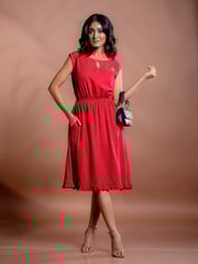 Women's Red Organic Cotton Hand Embroidery Boat Neck Dress