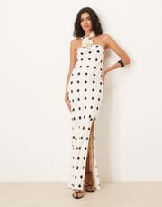 ASOS DESIGN satin scarf corsage maxi dress in polka dot print