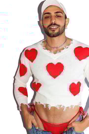 Destroyed Heart Crop Sleeve Sweater- White