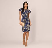 Cap Sleeve Foil Lace Sheath Dress In Navy Gold