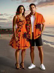 Halloween Pumpkin Coconut Tree Print Plus Size Matching Outfit For Couples