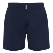 Men Flat Belt Stretch Swim Trunks Solid