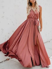Swing Dress Maxi long Dress Green Pink Yellow Sleeveless Pure Color Split Lace up Spring Summer V Neck Eleganty Party  S M L XL XXL for Women