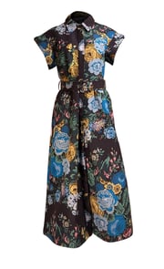 Tuckernuck - Black & Multicolor Floral Button Front Belted Short Sleeve Dress Sz L