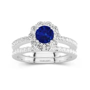 Blue Round Wedding Ring Set 925 Sterling Silver Halo Blossom Straight Shank Women