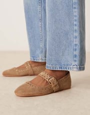 ASOS DESIGN Larson eyelet mary jane ballets in taupe suedette