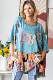 Oli & Hali OVERSIZED Top with Contrasting Print Hem and Heart and LOVE Patches in Blue