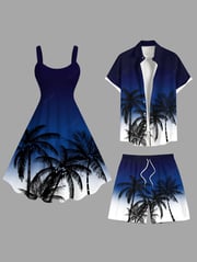 Ombre Colorblock Coconut Tree Print Plus Size Matching Hawaii Beach Outfit For Couples