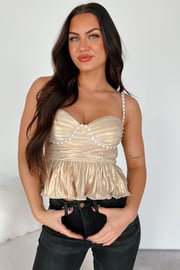 Obsessively Extra Pleated Metallic Tank Top (Champagne)