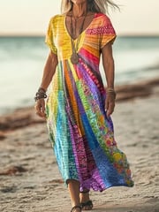 Women Colorful Sun Collage Art Print Short Sleeve Comfy Casual Maxi Dress