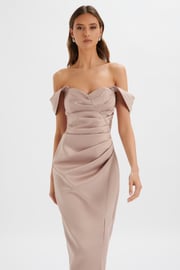KAITLIN Bonded Satin Off Shoulder Maxi Dress In Mink