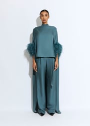 Silky Twill High Low Mock Neck Top With Feathers