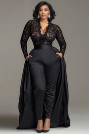 Xpluswear Design Plus Size Formal Satin Black V Neck Long Sleeve With Skirt Overlay Elegant Pocket Lace Jumpsuits [Pre-Order]