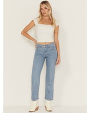 Product Name:  Wrangler Women's Light Wash Make It Shine Embellished Mid Rise Straight Denim Jeans