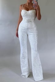 White Sequins Sleeveless With Belt Spaghetti Strap Casual Staright Leg Cami Jumpsuits