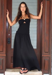 RESIN SHIRRED MAXI DRESS BLACK