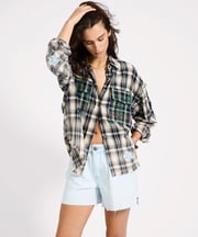 Flannel Star Studded Shirt - Cream Blue Check