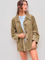 Suede Collar Solid Button Pocket Oversized Jacket