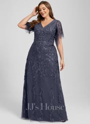 A-line V-Neck Floor-Length Tulle Lace Mother of the Bride Dress With Sequins (008293803)