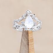"HARLOW" - PEAR CUT MOONSTONE WOMEN'S ENGAGEMENT RING WITH SALT & PEPPER DIAMOND ACCENTS, BRANCH-STYLE BAND & TRACER