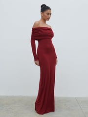 Perrie Bardot Jersey Maxi Dress - Burgundy
