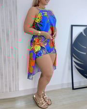 Tropical Floral Print Front Slit Cami Top & Drawstring Shorts Set