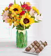 Warm Sunset Bouquet with Gourmet Drizzled Strawberries