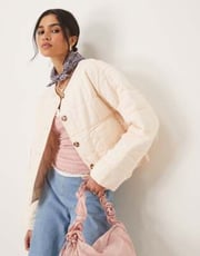 ASOS DESIGN crop collarless quilted jacket in cream