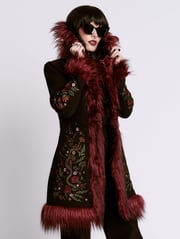 Oxblood Botanical Fur Trim Coat