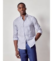 Navy & White Stripe Pure Linen Slim Shirt – Button Down Collar
