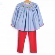 St. Nick's Sleigh Smocked Legging Set, Blue