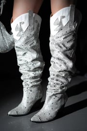 Rockka Rhinestone Pointed Toe Pull On Knee High Cowboy Boots - Silver
