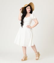 White Puff Sleeve Tea Length Dress